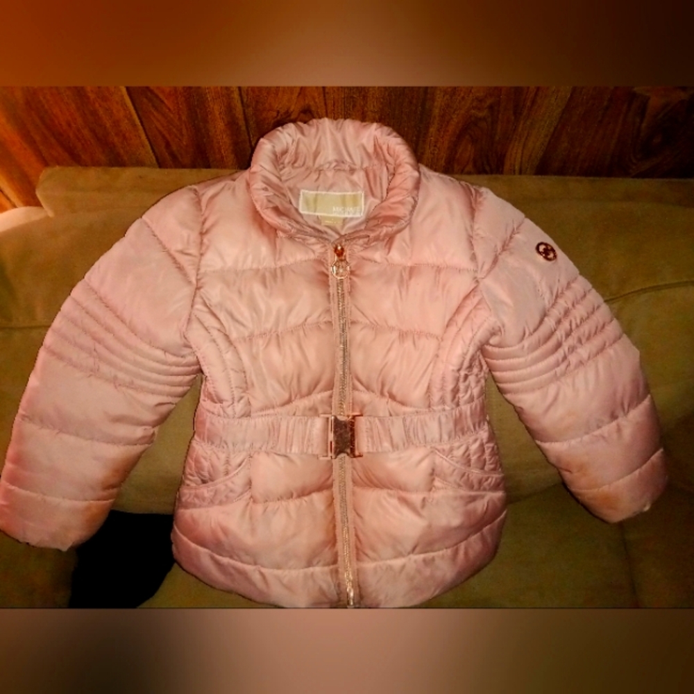 Sz 4 kids Michael Kors pink and gold MK lettering winter coat